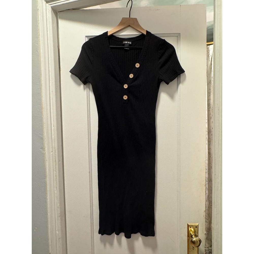 Timing Womens Black Ribbed‎ Knit Midi Dress Short Sleeve Henley V-Neck Large